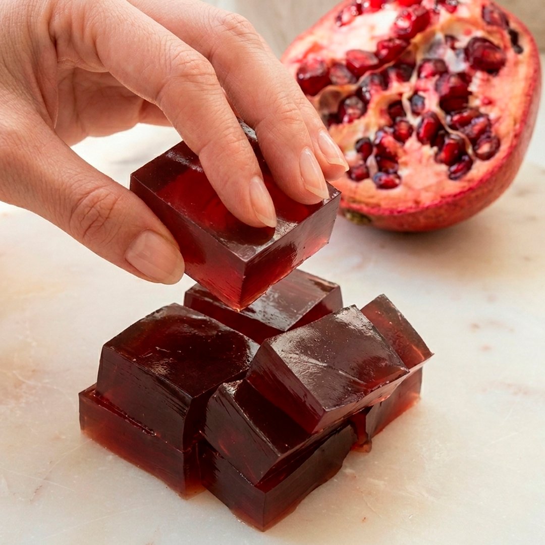 Hand stacking deep garnet pomegranate jelly cubes on a white marble surface, halved pomegranate in background